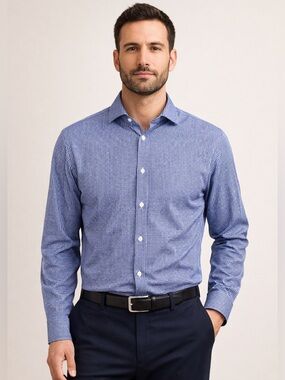 Paul Stuart Blue Micro Check Button Front Shirt 100% Cotton